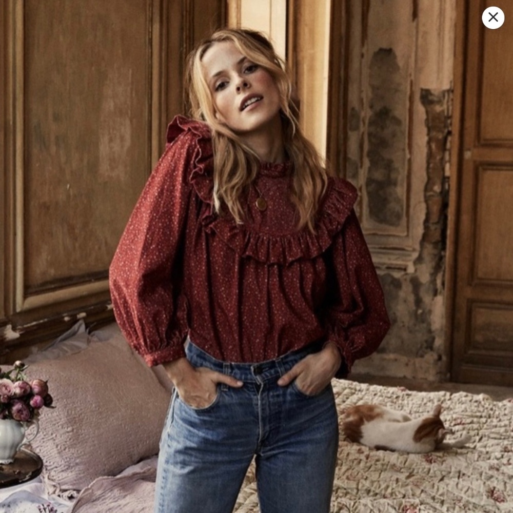 Doen Reina top in burgundy California wildflower corduroy, XS